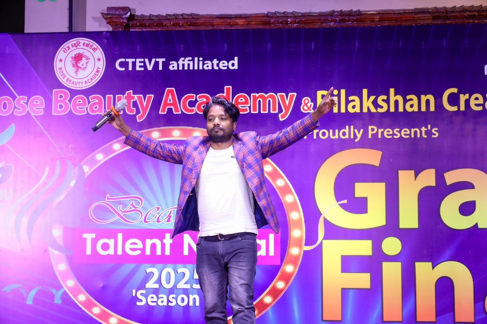 Om Bahadur Sunar performing live on stage during the Grand Finale of Beautician Talent Nepal 2025 on April 10.
